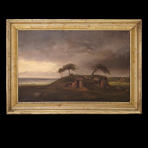 Joachim Ferdinand Richardt, 1819-95, olie på 
lærred. Kæmpehøj ved kysten med optrækkende uvejr. 
Signeret og dateret 1868. Lysmål: 39x60cm. Med 
ramme: 50x71cm