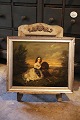 K&Co. 
præsenterer: 
Antikt , 
1800 tals 
maleri , malet 
på træ med 
motiv af ung 
pige med sin 
hund siddende i 
haven...