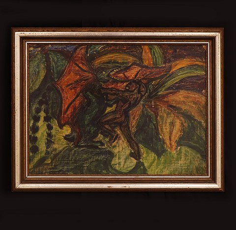 Erik Stæhr Nielsen, Denmark, 1890-1921, oil on 
canvas: "Dragonfight". Visible size: 39x51cm. With 
frame: 49x61cm