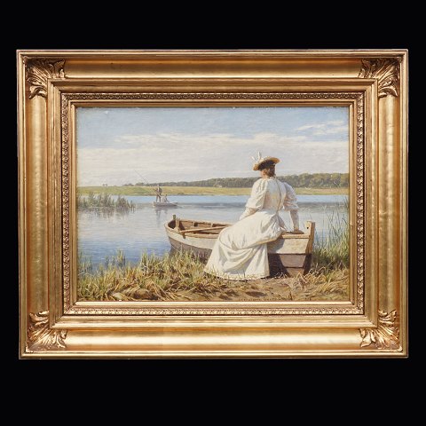 N. F. Schiøttz-Jensen, 1855-1941: Woman at boat. 
Oil on canvas. Signed and dated 1896. Visible 
size: 34x47cm. With frame: 54x67cm