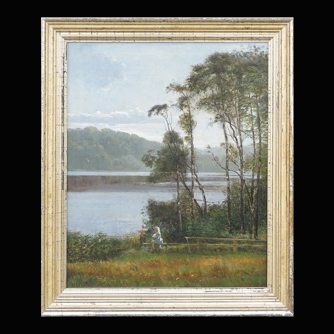 Vilhelm Kyhn, 1819-1903, olie på lærred: To 
personer i landskab ved vand. Signeret og dateret 
1878. Lysmål: 46x36cm. Med ramme: 55x45cm