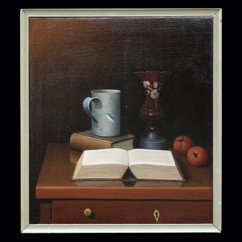 Jeppe Madsen-Ohlsen, 1891-1948, Öl auf Leinen. 
"Der Krug und die Bibel". Signiert. Ausgestellt 
1950. Lichtmasse: 68x60cm. Mit Rahmen: 73x65cm