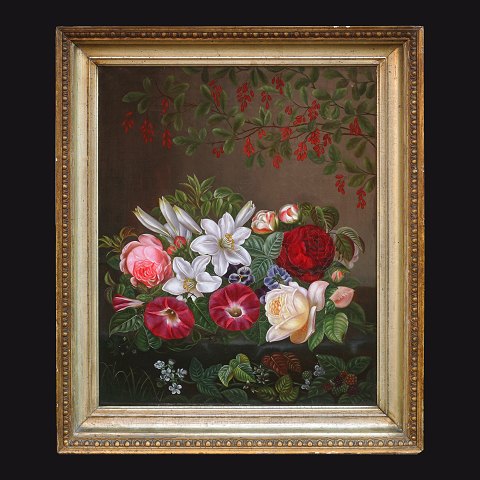 School of I. L. Jensen: Stilllife with flowers. 
Denmark circa 1830. Visible size: 52x41cm. With 
frame: 64x53cm