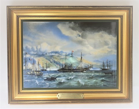 Bing & Grondahl. Porcelain. Picture of "The frigate Jylland. Dimensions: Width 
38 * 30 cm. 2500 have been produced, and this is no. 197