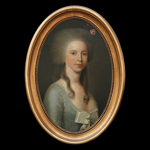 Circle of Jens Juel, portrait of Margaretha 
Løvenskjold, 1772-1808, oil on canvas on plate. 
Married to the later Danish primeminister count 
Frederik Moltke. Visible size: 62x40cm. With 
frame: 77x55cm