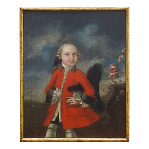 Rokoko Adelsporträt von einem Jungen. Im 
Hintergrund Rosen und Himmel, Öl auf Leinen. Um 
1760. Lichtmasse: 71x56cm. Mit Rahmen: 75x60cm
