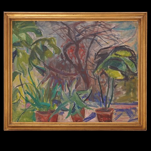 Axel P. Jensen, 1886-1972, Öl auf Leinen. "Blumen 
im Fenster" Signiert. Lichtmasse: 80x99cm. Mit 
Rahmen: 94x113cm