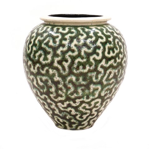 Large Per Weiss, Denmark, green and black glazed 
Vase. H: 54cm. D: 49cm