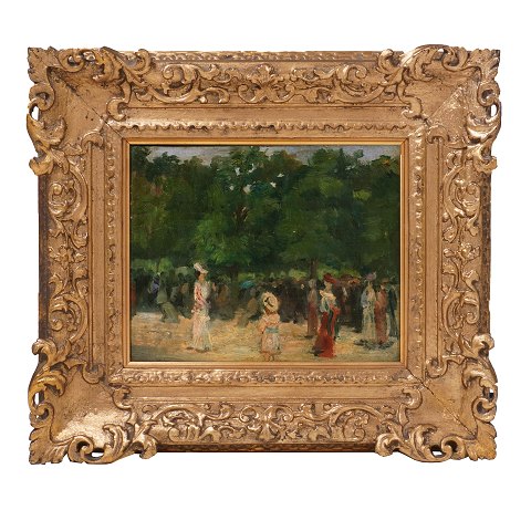 Folkeliv på gade af fransk impressionist. Olie på 
træ. Frankrig ca. år 1880. Lysmål: 19x24cm. Med 
ramme: 36x41cm