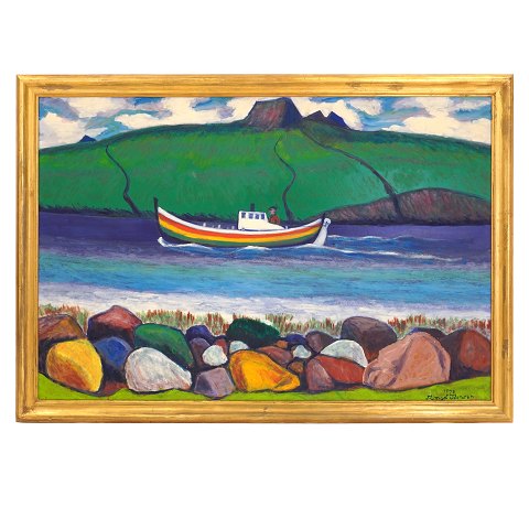 Frimod Joensen, 1915-97, oil on plate. Landscape Faroe Islands. Signed and dated 1978. Visible size: 80x119cm. With frame: 92x131cm