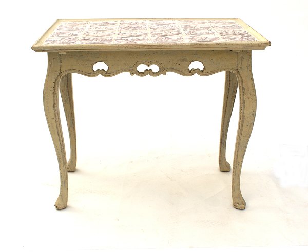 Tile table, gray/white decorated with dutch tiles. Denmark around 1760