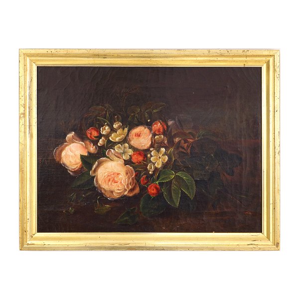 Flower painting, oil on linen, Stilleben with roses, signed
"F B 1862"
