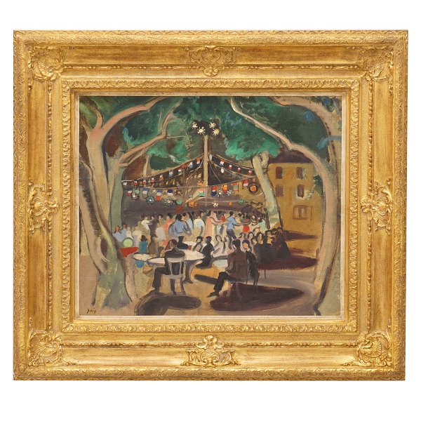 Jais Nielsen, 1885-1961, village party. Oil on canvas on plate. Signed. Visible 
size: 48x57cm. With frame: 77x86cm
