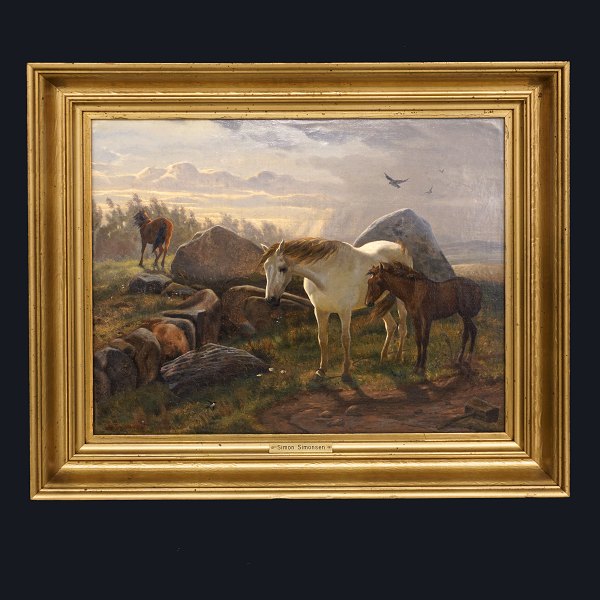Simon Simonsen, 1841-1928: Drei Pferde auf einem Hügel
Datiert und signiert 1864
Lichtmasse: 31x40cm. Mit Rahmen: 42x51cm