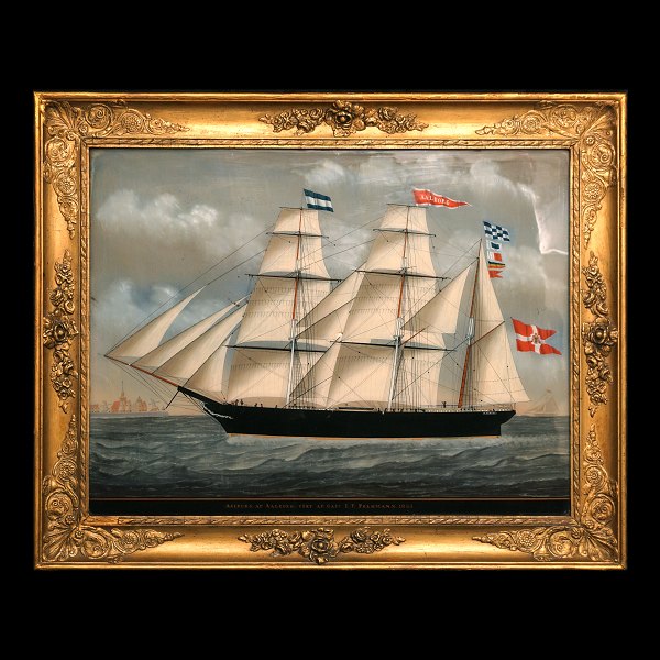 C. L. Weyts, 1828-76, in the manner of: Hinterglas painting of the ship 
"Aalborg" 1865. Visbile size: 55x72cm. With frame: 70x87cm