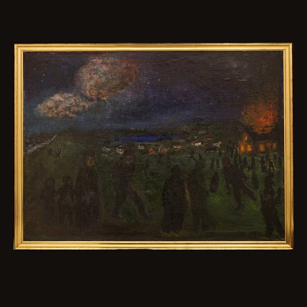 Jens Søndergaard: "Brennendes Haus". Öl auf Leinen. Signiert und datiert 1931. 
Lichtmasse: 96x122cm. Mit Rahmen: 102x128cm