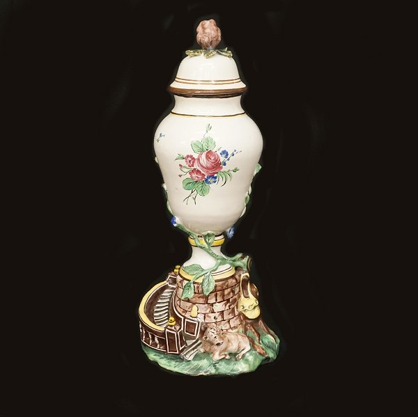 18th century lidded faience jar. Signed Marieberg, Sweden, circa 1765. H: 33cm