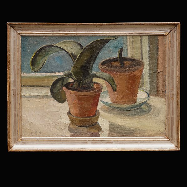 Unknown artist: Flowerpots in a window. Signed "CPH"circa 1930. Visible size: 
35x50cm. With frame: 59x44cm