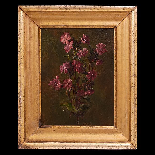 Stillife with flowers, oli on canvas on plate, signed "MH" and dated 1896. 
Visible size: 19x14,5cm. With frame: 23,5x28cm