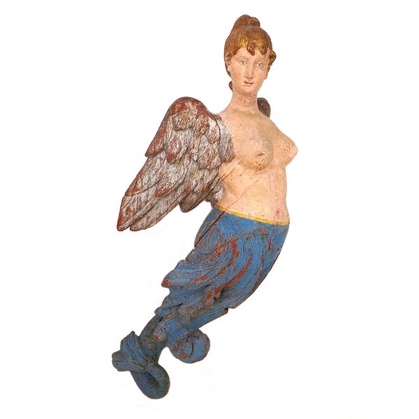 Grosse Galionsfigur in Form von einer Meerjungfrau mit Flügeln. Nordeuropa um 
1850. H: 135cm