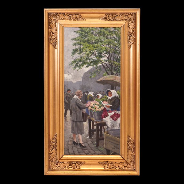 Paul Fischer, 1860-1934, Öl auf Holz. Blumenverkäufer in Kopenhagen, Højbro 
Plads. Signiert. Lichtmasse: 36x15cm. Mit Rahmen: 46x25cm