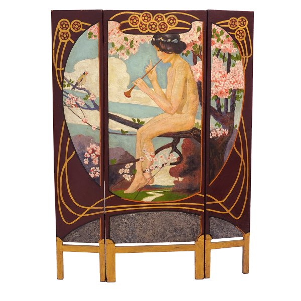 Harald Slott-Møller, 1864-1937, Jugendstil Paravent mit Motiv in Form von einer 
Flötenspielenden Frau. Dänemark um 1900. H: 142cm. B: 104cm