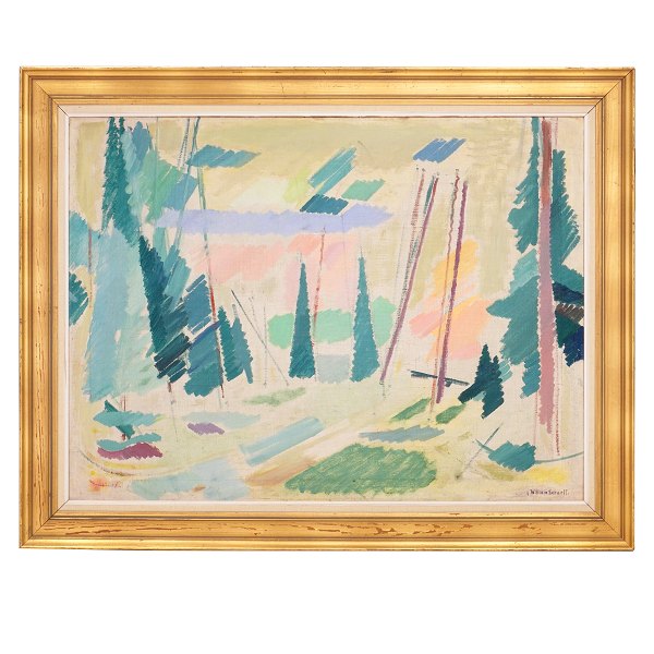 Gemälde von William Scharff.
William Scharff, 1886-1959, Öl auf Leinen.
Waldpartie Dänemark.
Signiert William Scharff.
Größe: 72x97 cm. Mit Rahmen: 90x115cm