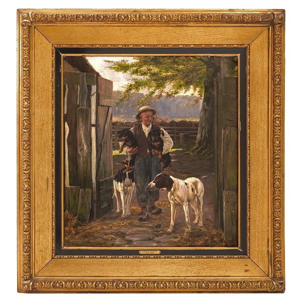 Simon Simonsen, 1841-1928, Öl auf Leinen. Motiv in Form von Hunden und einem 
Jungen. Signiert und datiert 1889. Lichtmase: 57x51cm. Mit Rahmen: 79x73cm