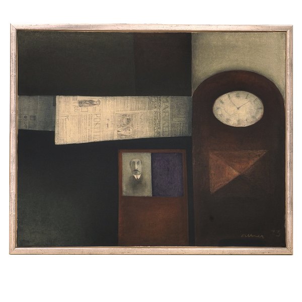 Albert Bertelsen, 1921-2019, Öl auf Leinen. "Stilleben mit Uhr". Signiert und 
datiert 1973. Lichtmasse: 81x100cm. Mit Rahmen: 87x106cm