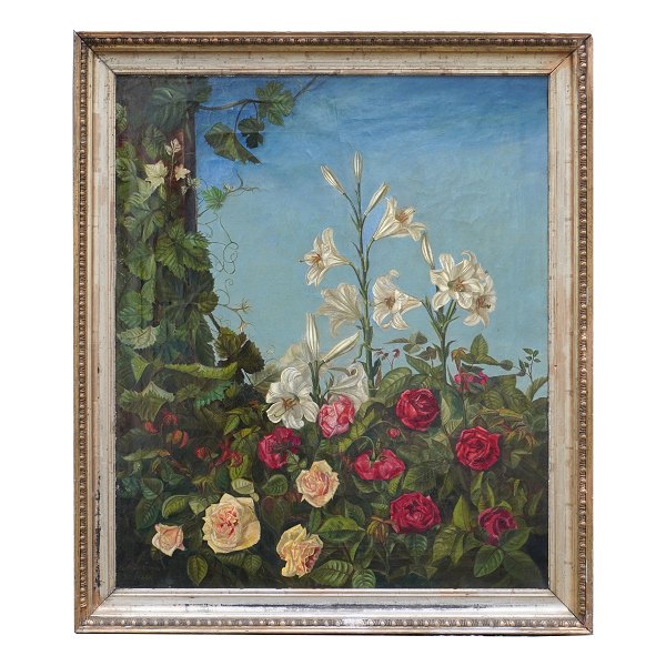 Grosses Stilleben mit Blumen, Öl auf Leinen. Signiert "Alma Even(?) 1881". Lichtmasse: 82x69cm. Mit Rahmen: 96x83cm