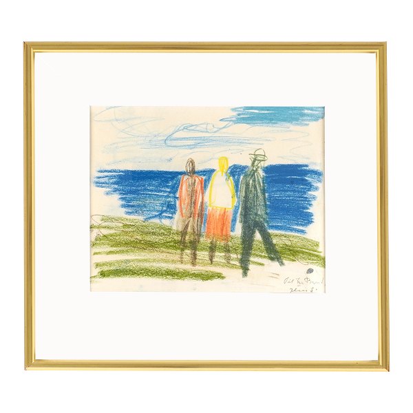 Jens Søndergaard, 1895-1957, Kreide auf Papier. Drei Personen am Meer. Signiert. Lichtmasse: 24x30cm. Mit Rahmen: 41,5x45,5cm
