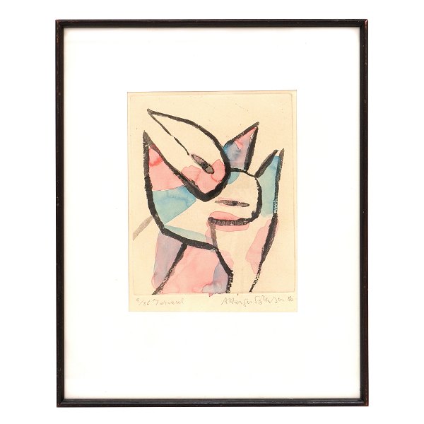 Arne Haugen Sørensen, g. 1932, Lithografie mit Wasserfarbe. Signiert und datiert 1986. Lichtmasse: 27x20cm. Mit rahmen: 48x37cm