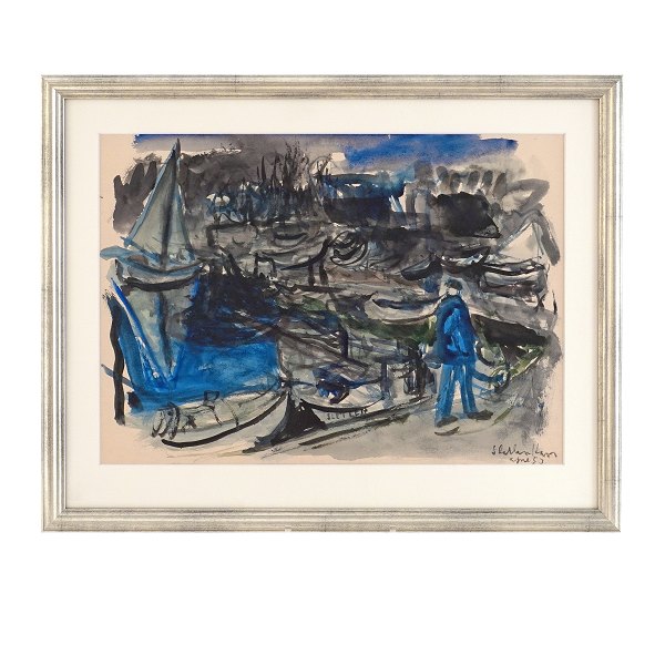 Jens Søndergaard, 1895-1957, Wasserfarbe. Motiv vom Hafen Slettens, Seeland. Signiert und datiert 1953. Lichtmasse: 32,5x46cm. Mit Rahmen: 45,5x57cm