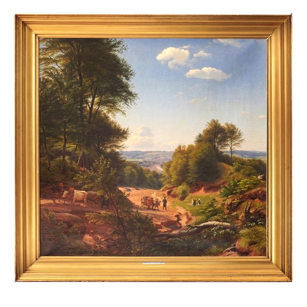 Peter Christian Thamsen Skovgaard, 1817–75, Öl auf Leinwand.Landschaft bei der Auffahrt nach Lille Grundet mit der Stadt Vejle im Hintergrund. Signiert und datiert „P. C. Skovgaard 1852“